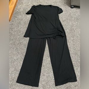 New IMAN Black Two-Piece Short Sleeve Ribbed Knit Shirt and Pants Lounge Set LP